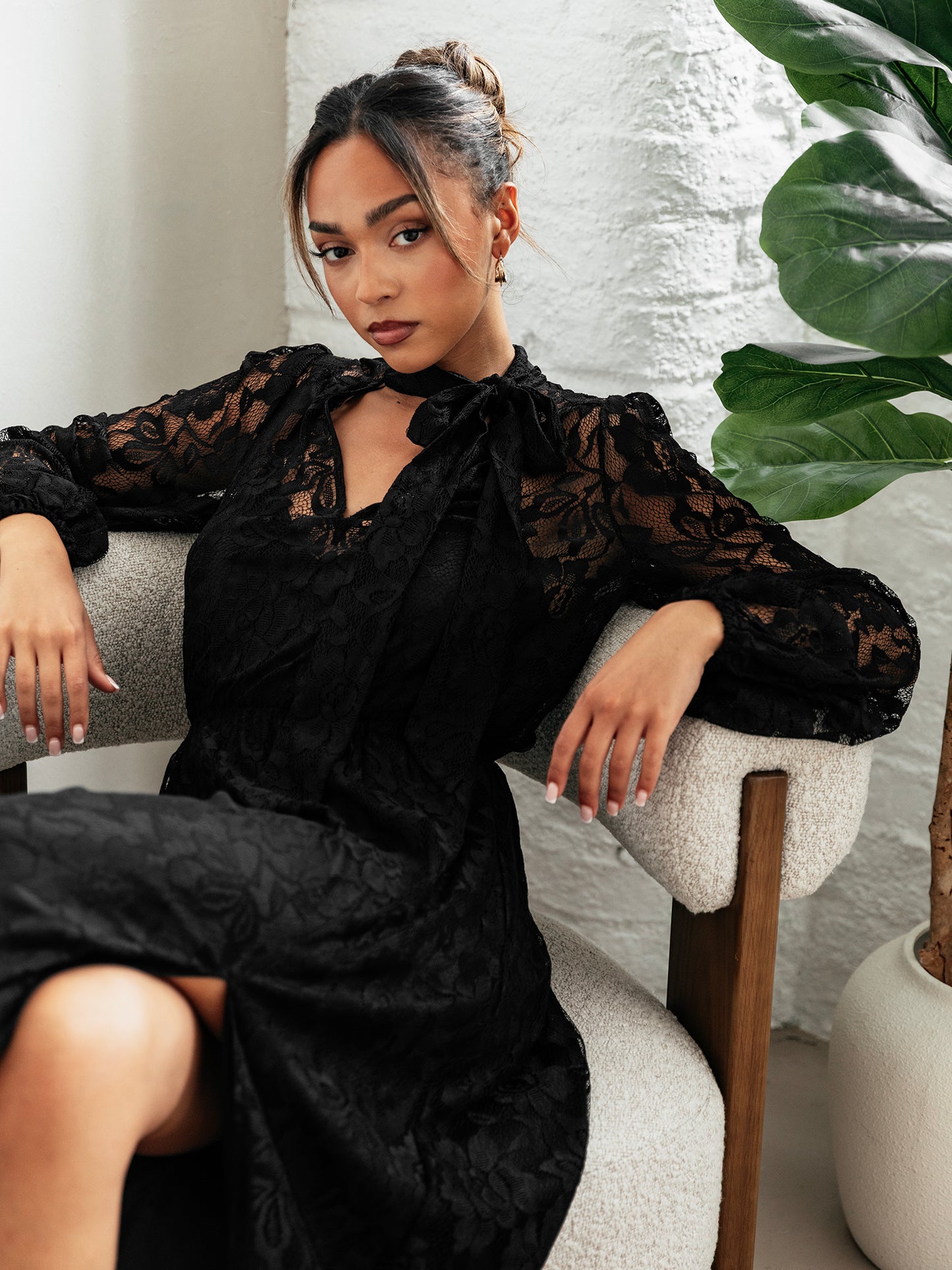 Maya Black Tie Neck Long Sleeve Lace Maxi Dress