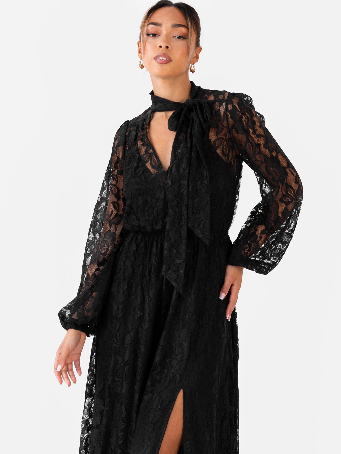 Maya Black Tie Neck Long Sleeve Lace Maxi Dress