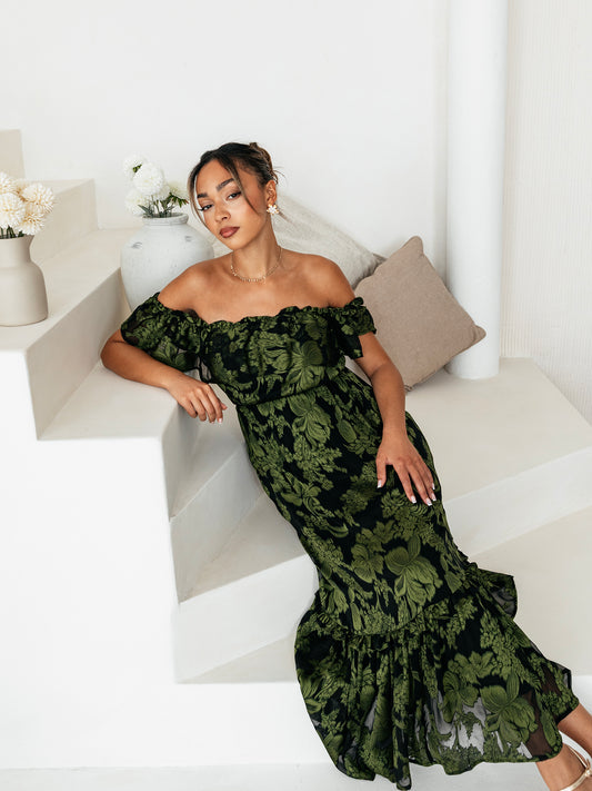 Maya Green Floral Jacquard Bardot Midaxi Dress