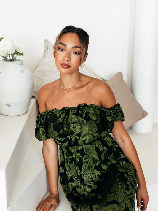 Maya Green Floral Jacquard Bardot Midaxi Dress
