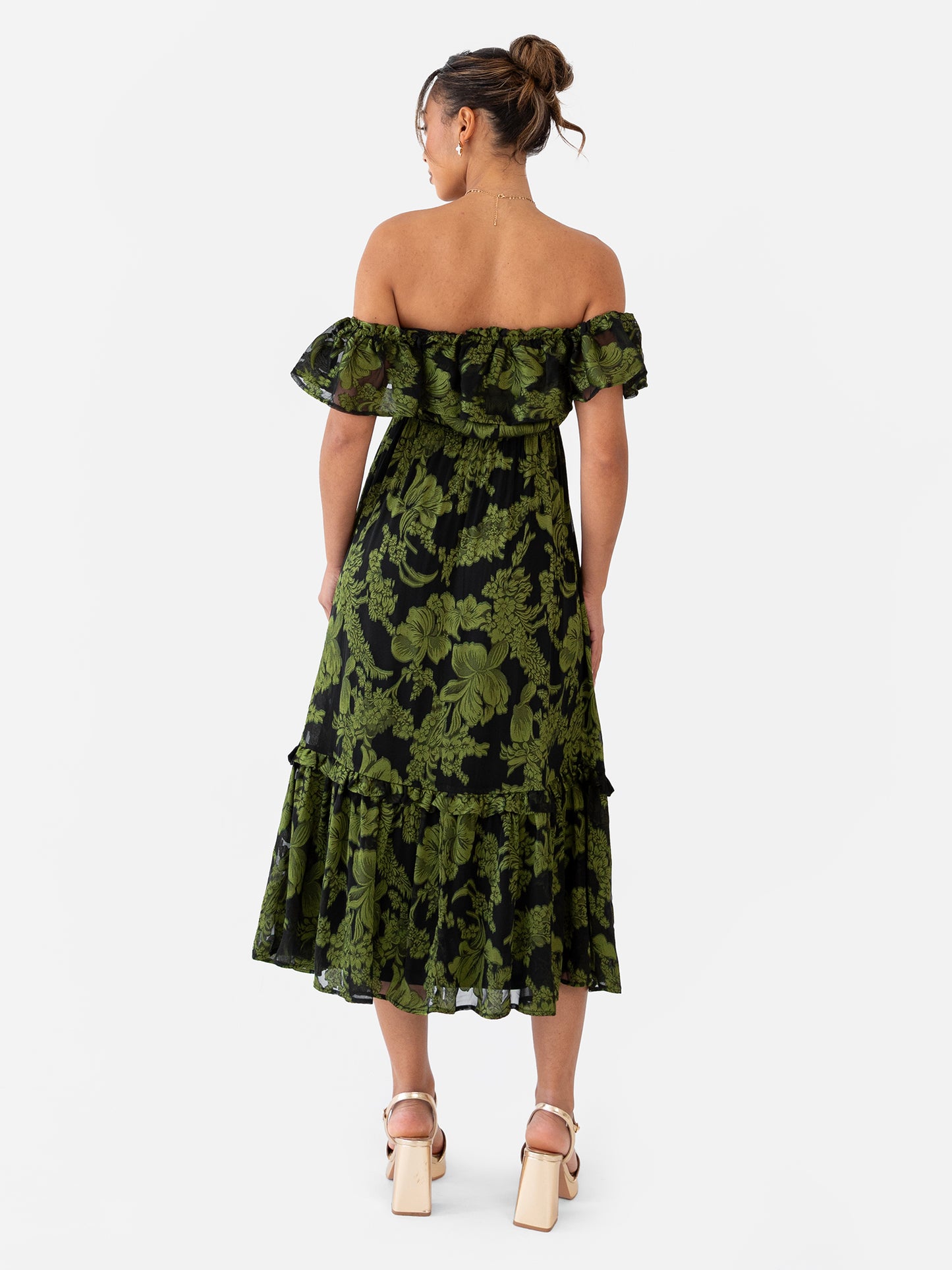 Maya Green Floral Jacquard Bardot Midaxi Dress