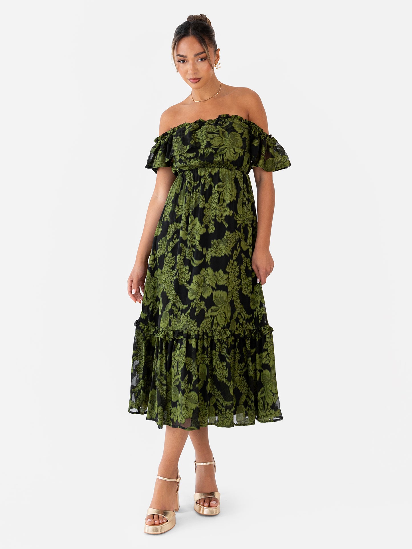 Maya Green Floral Jacquard Bardot Midaxi Dress