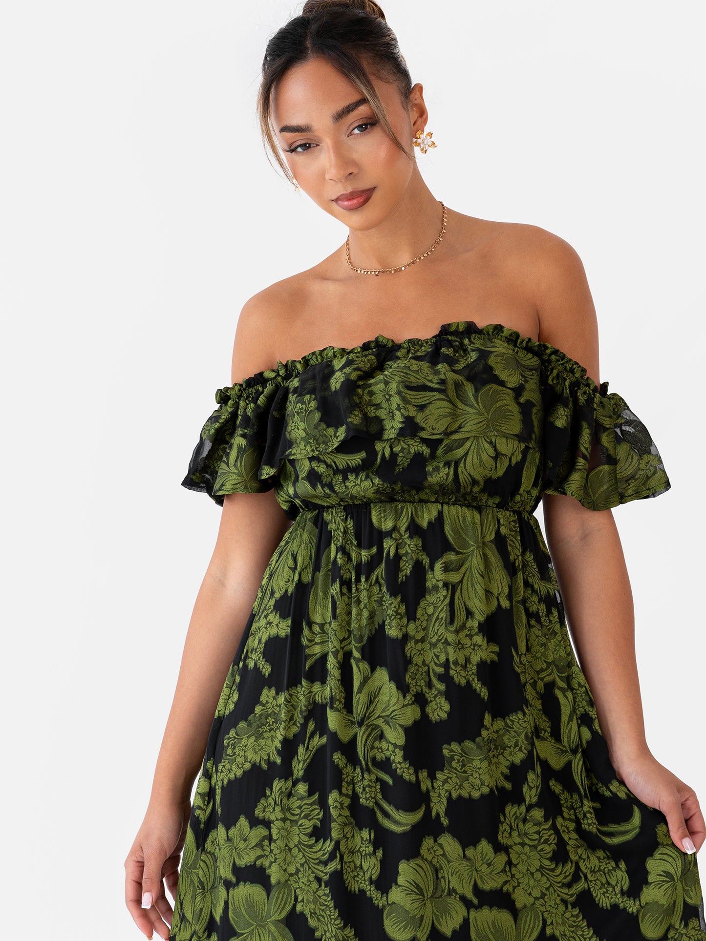 Maya Green Floral Jacquard Bardot Midaxi Dress