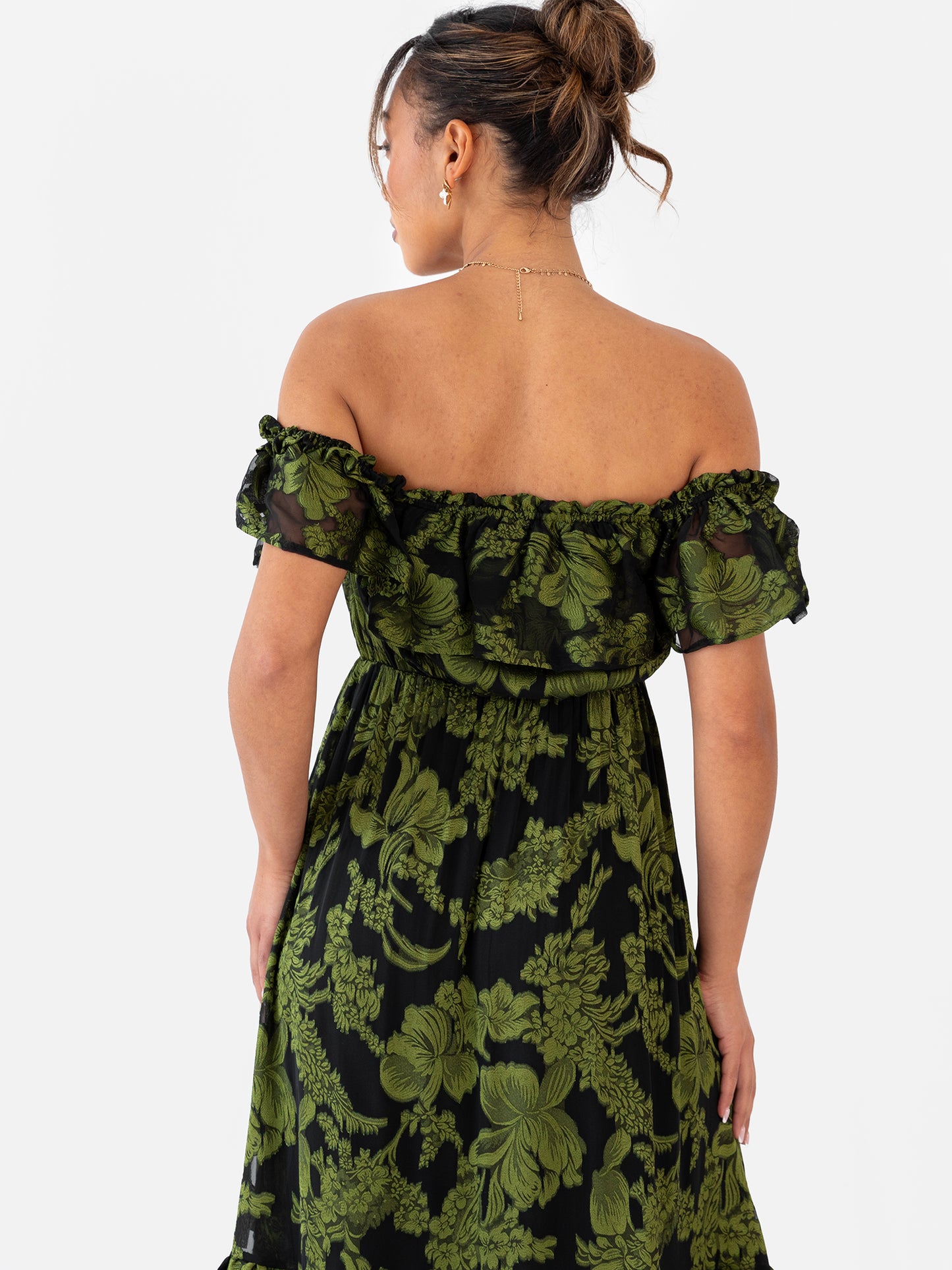 Maya Green Floral Jacquard Bardot Midaxi Dress