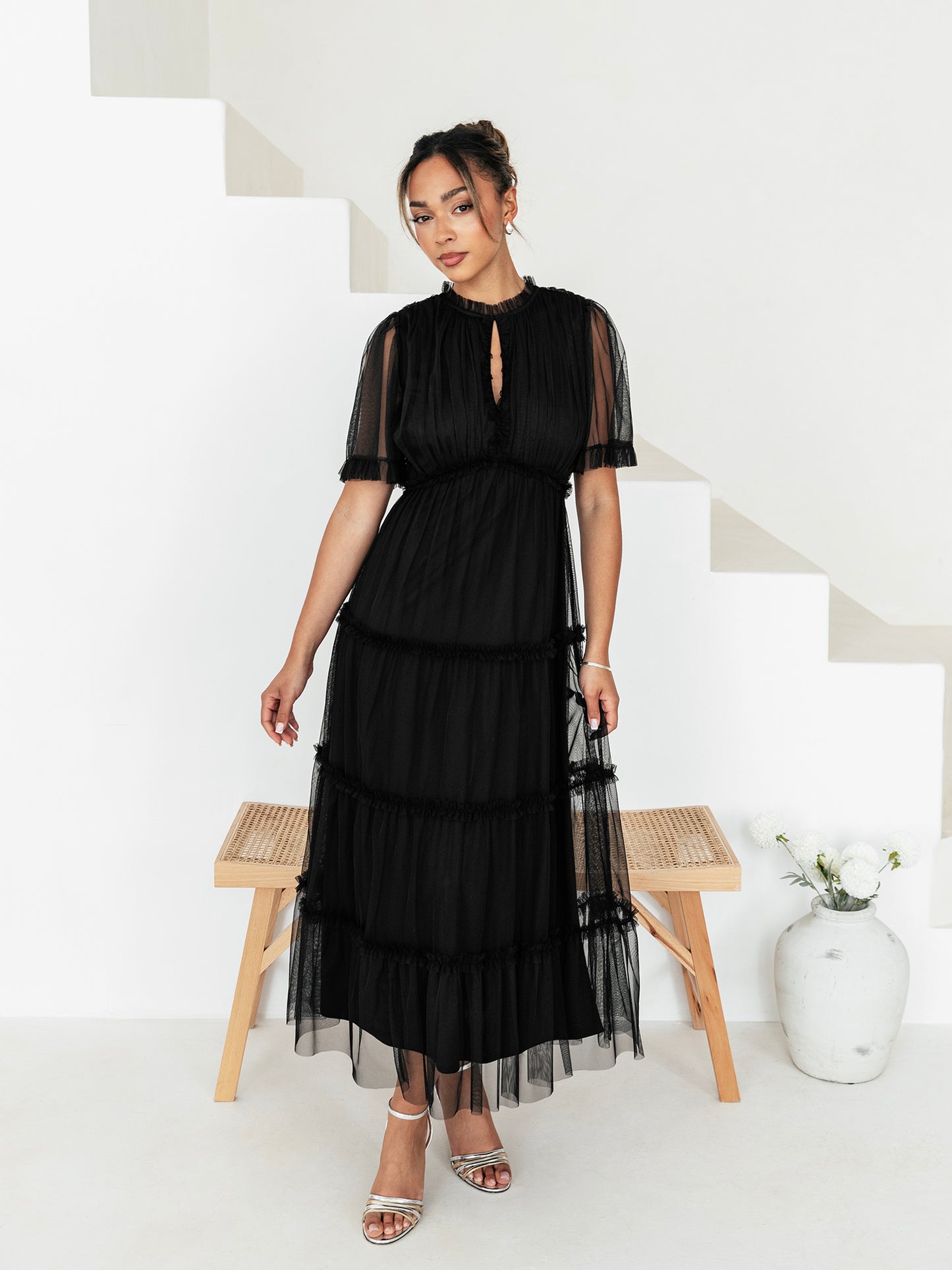 Anaya with Love Black Keyhole Detail Short Sleeve Frill Midaxi Dress