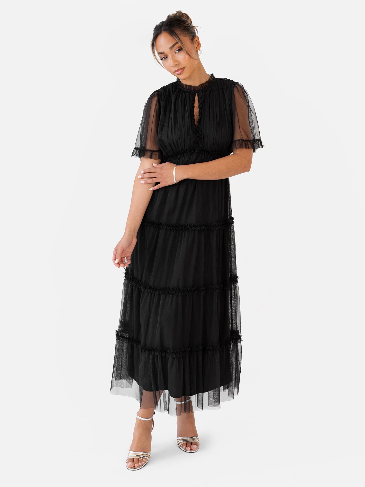 Anaya with Love Black Keyhole Detail Short Sleeve Frill Midaxi