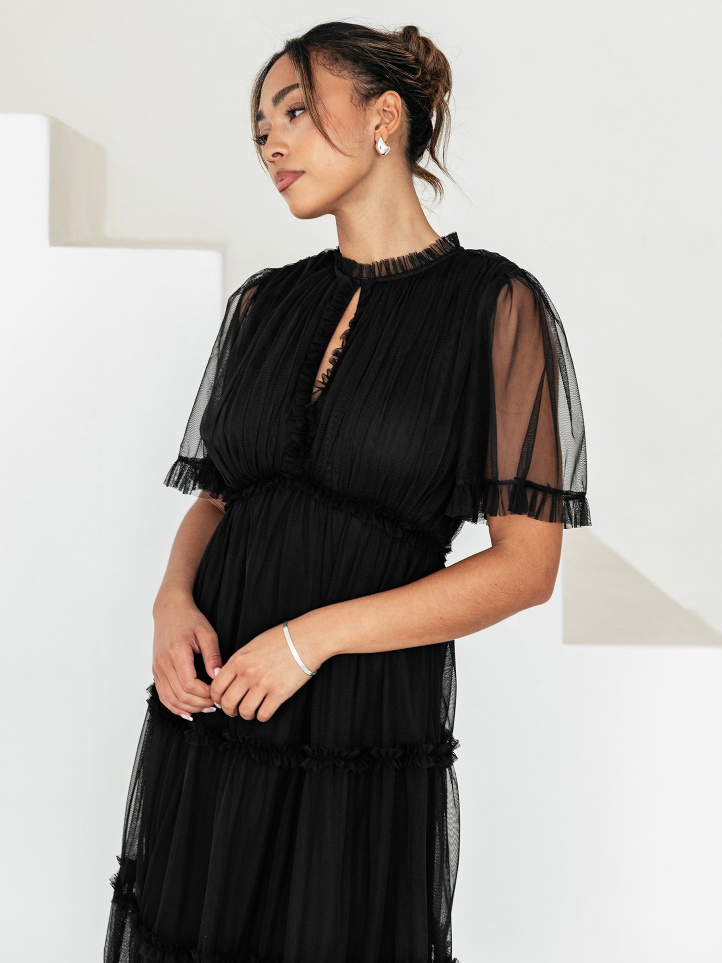 Anaya with Love Black Keyhole Detail Short Sleeve Frill Midaxi Dress