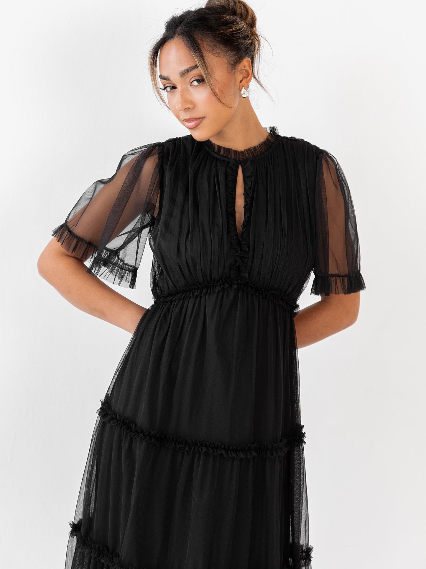 Anaya with Love Black Keyhole Detail Short Sleeve Frill Midaxi Dress
