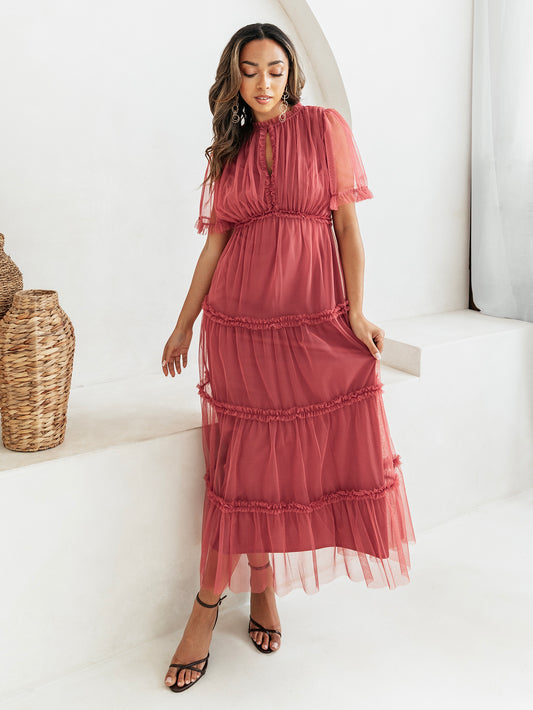 Anaya with Love Garnet Rose Keyhole Detail Short Sleeve Frill Midaxi Dress