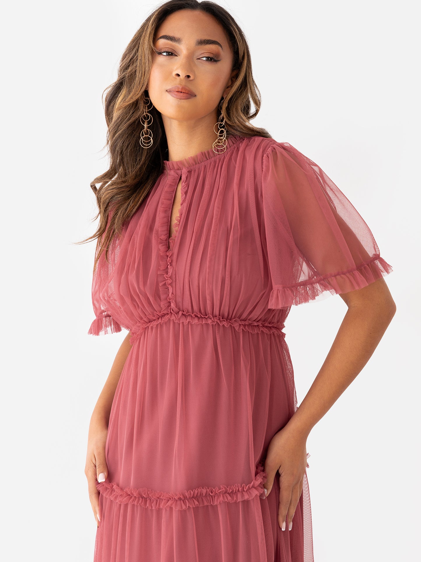 Anaya with Love Garnet Rose Keyhole Detail Short Sleeve Frill Midaxi Dress