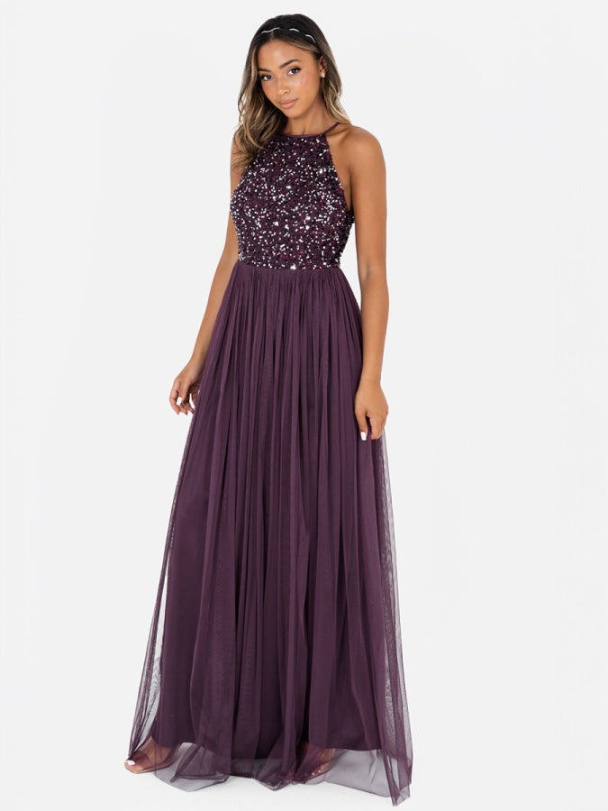 Maya Berry Embellished Halter Neck Maxi Dress