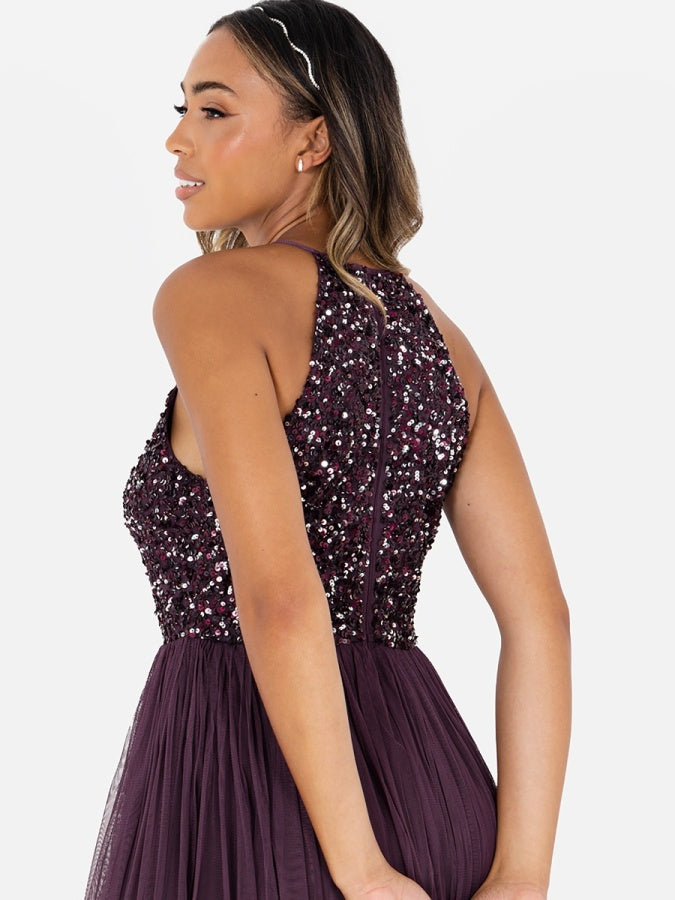Maya Berry Embellished Halter Neck Maxi Dress