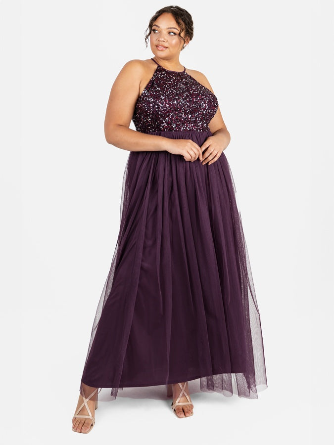 Maya Berry Embellished Halter Neck Maxi Dress