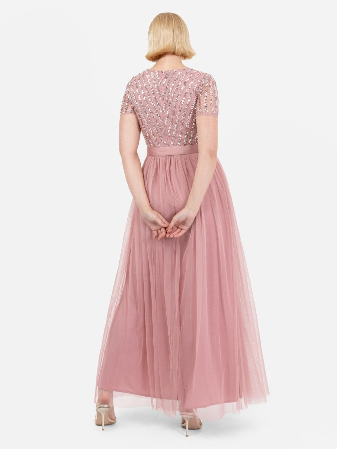 Maya Dusty Pink Stripe Embellished Maxi Dress With Sash Belt