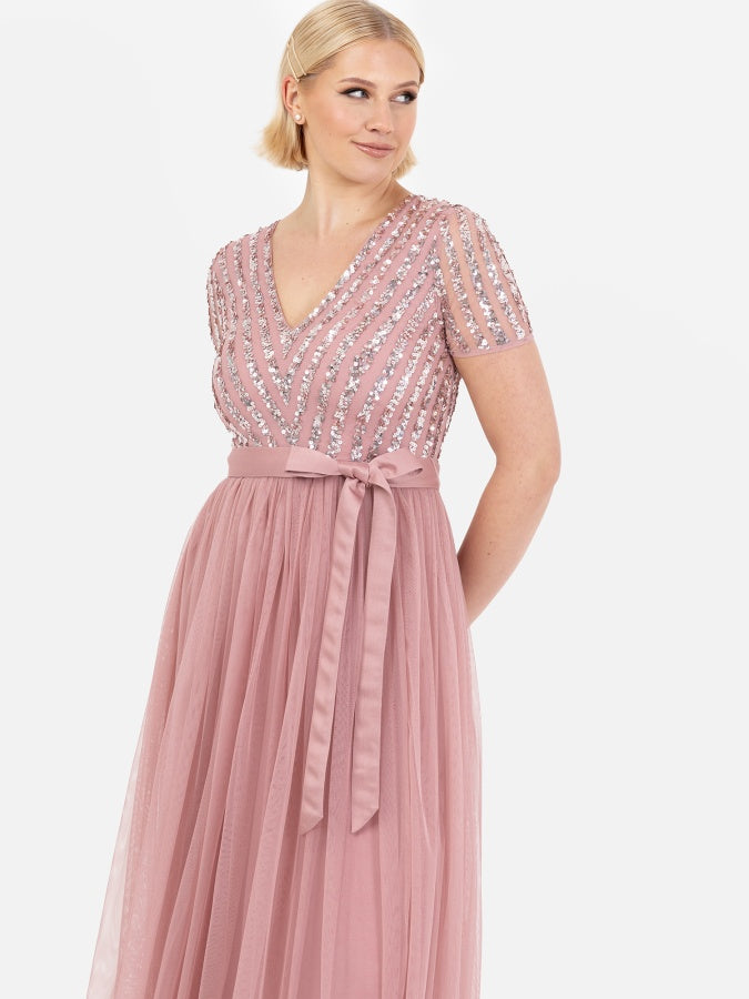 Maya Dusty Pink Stripe Embellished Maxi Dress With Sash Belt