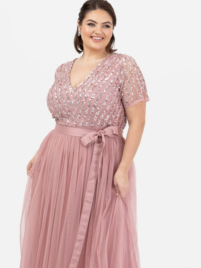 Maya Dusty Pink Stripe Embellished Maxi Dress With Sash Belt