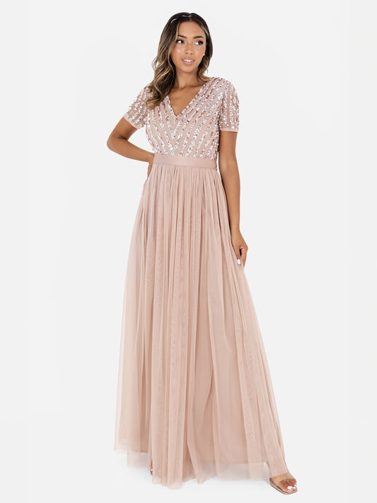 Maya Taupe Blush Stripe Embellished Maxi Dress With Sash Belt