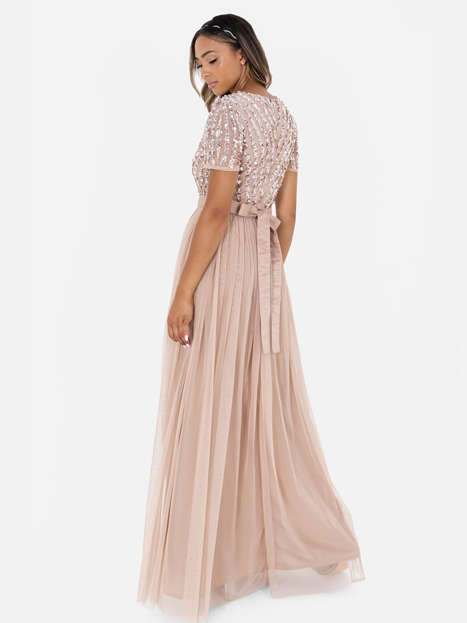 Maya Taupe Blush Stripe Embellished Maxi Dress With Sash Belt