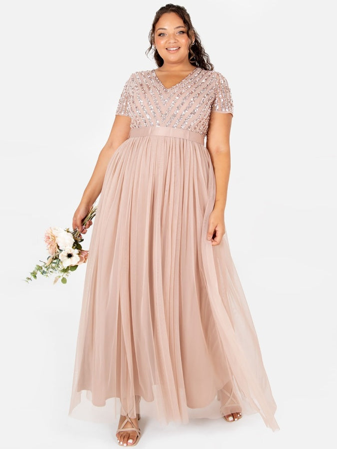 Maya Taupe Blush Stripe Embellished Maxi Dress With Sash Belt