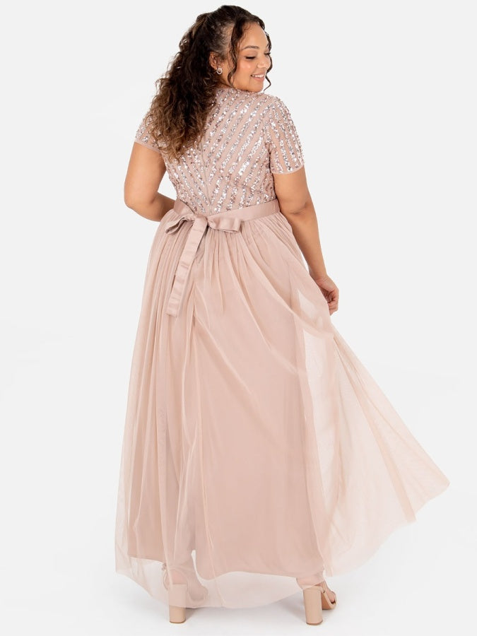 Maya Taupe Blush Stripe Embellished Maxi Dress With Sash Belt