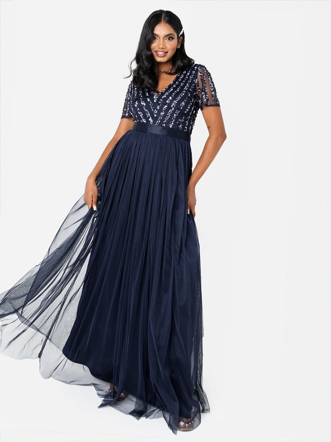 Maya Navy Stripe Embellished Maxi Dress With Sash Belt
