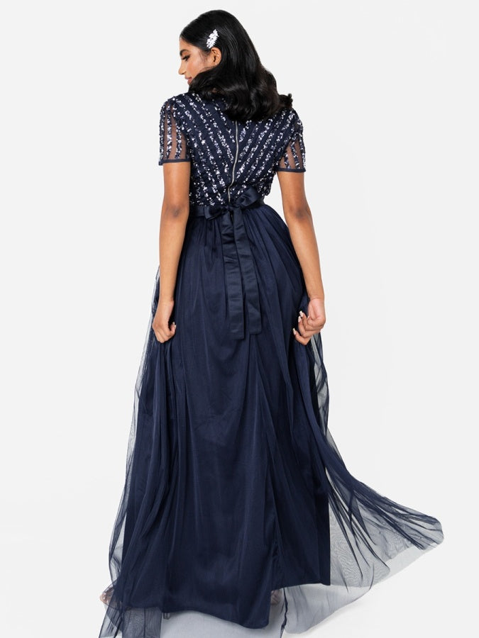 Maya Navy Stripe Embellished Maxi Dress With Sash Belt