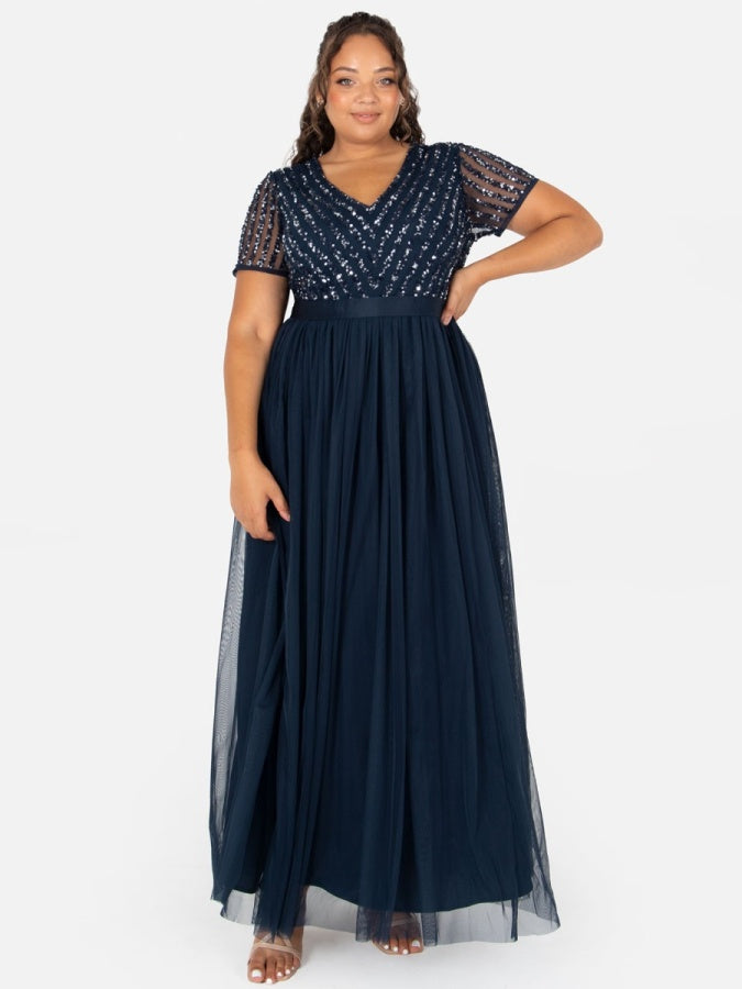 Maya Navy Stripe Embellished Maxi Dress With Sash Belt