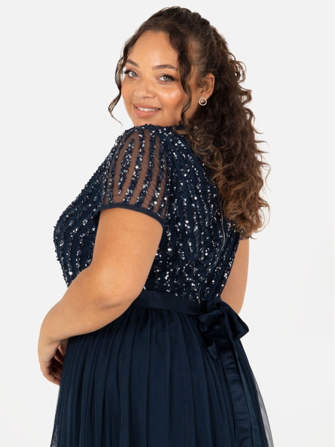 Maya Navy Stripe Embellished Maxi Dress With Sash Belt