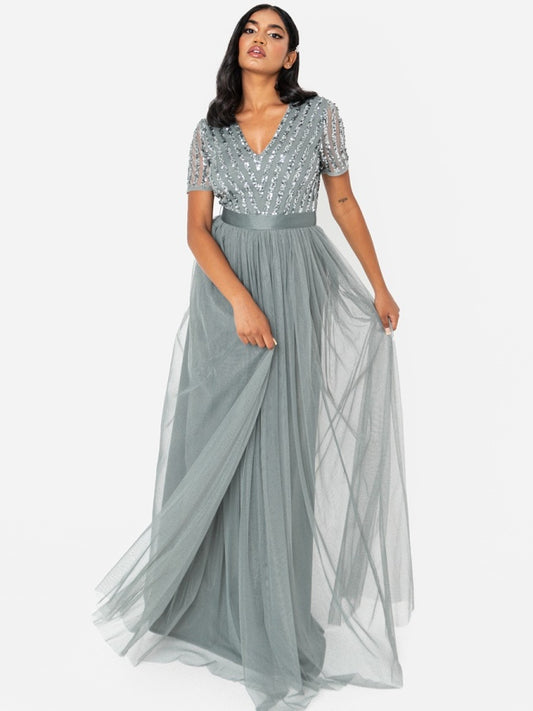 Maya Misty Green Stripe Embellished Maxi Dress With Sash Belt