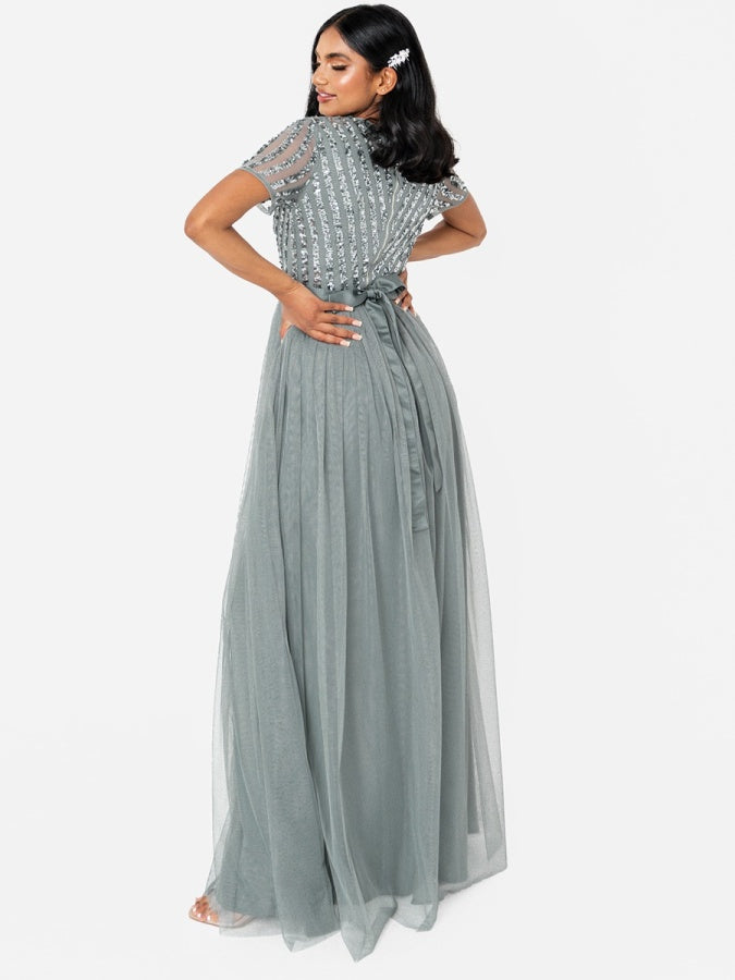 Maya Misty Green Stripe Embellished Maxi Dress With Sash Belt