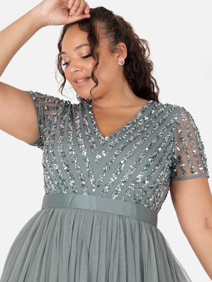 Maya Misty Green Stripe Embellished Maxi Dress With Sash Belt