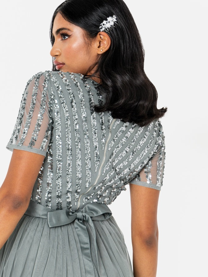 Maya Misty Green Stripe Embellished Maxi Dress With Sash Belt