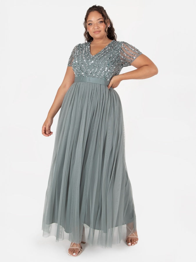 Maya Misty Green Stripe Embellished Maxi Dress With Sash Belt
