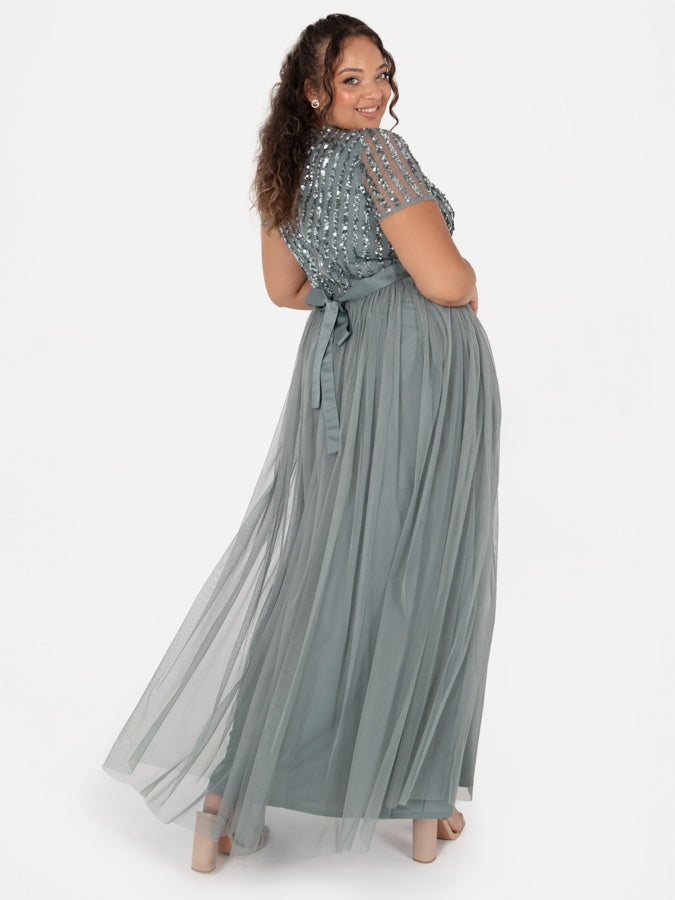 Maya Misty Green Stripe Embellished Maxi Dress With Sash Belt