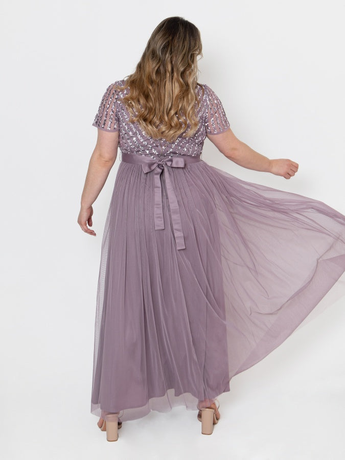 Maya Moody Lilac Stripe Embellished Maxi Dress With Sash Belt