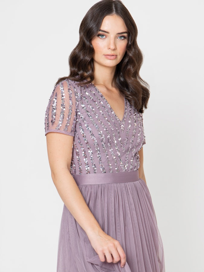 Maya Moody Lilac Stripe Embellished Maxi Dress With Sash Belt