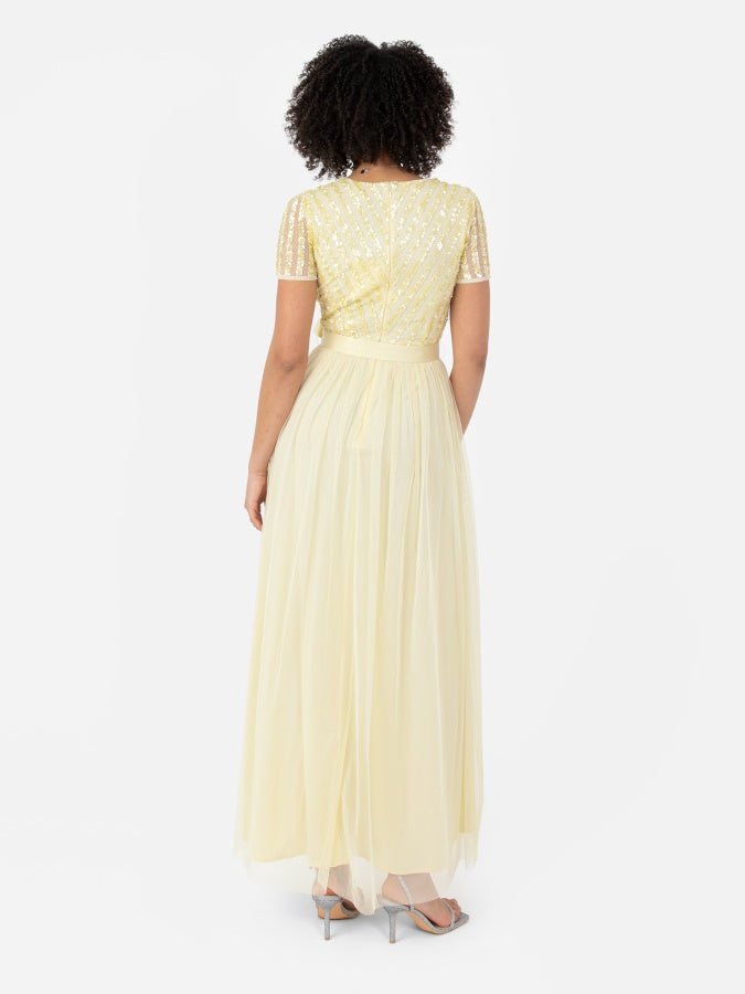 Maya Pale Yellow Stripe Embellished Maxi Dress With Sash Belt