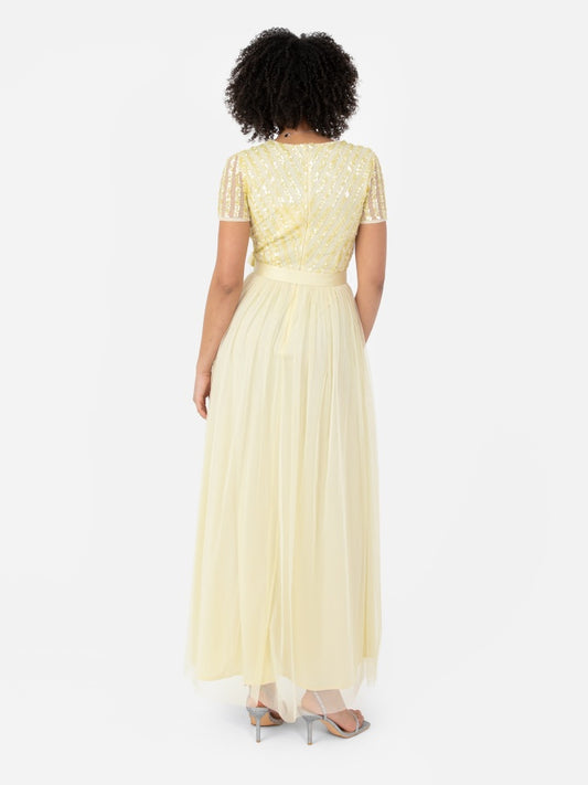 Maya Pale Yellow Stripe Embellished Maxi Dress With Sash Belt