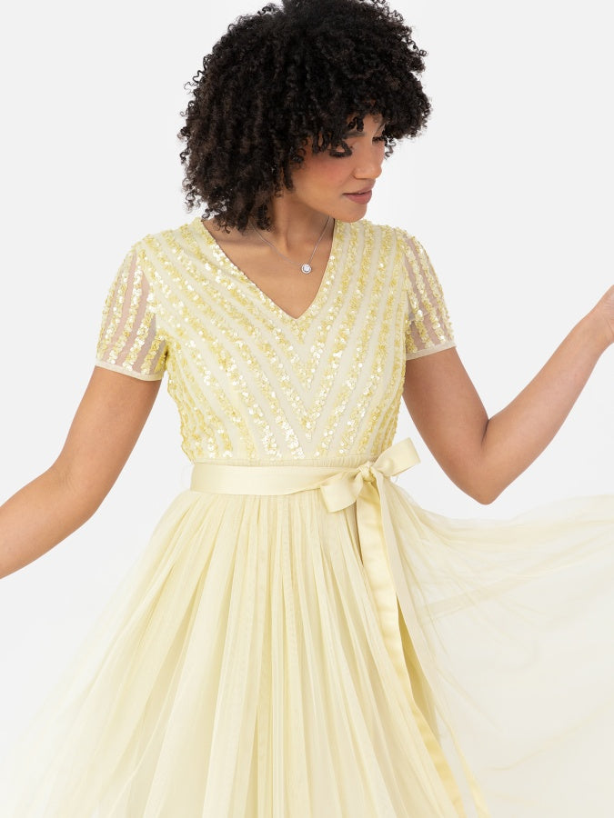 Maya Pale Yellow Stripe Embellished Maxi Dress With Sash Belt