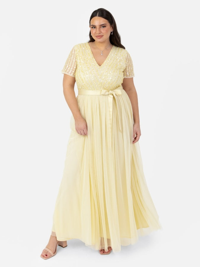 Maya Pale Yellow Stripe Embellished Maxi Dress With Sash Belt