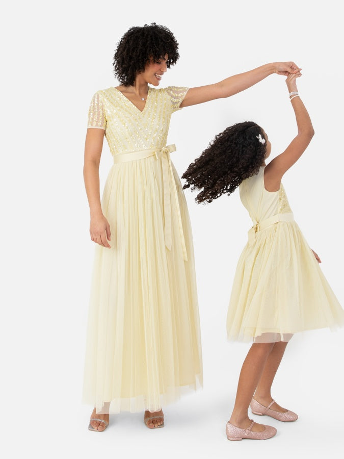 Maya Pale Yellow Stripe Embellished Maxi Dress With Sash Belt