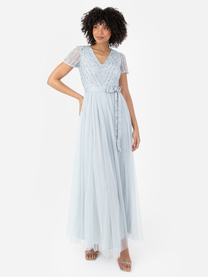 Maya Pale Blue Stripe Embellished Maxi Dress With Sash Belt