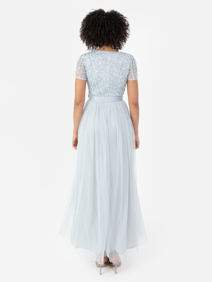 Maya Pale Blue Stripe Embellished Maxi Dress With Sash Belt