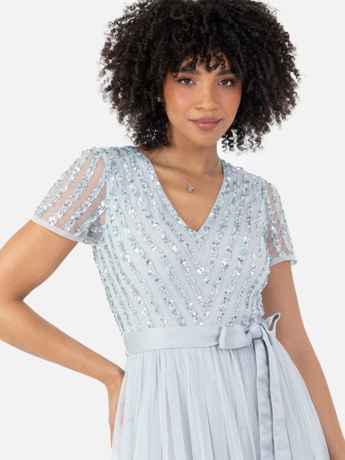 Maya Pale Blue Stripe Embellished Maxi Dress With Sash Belt