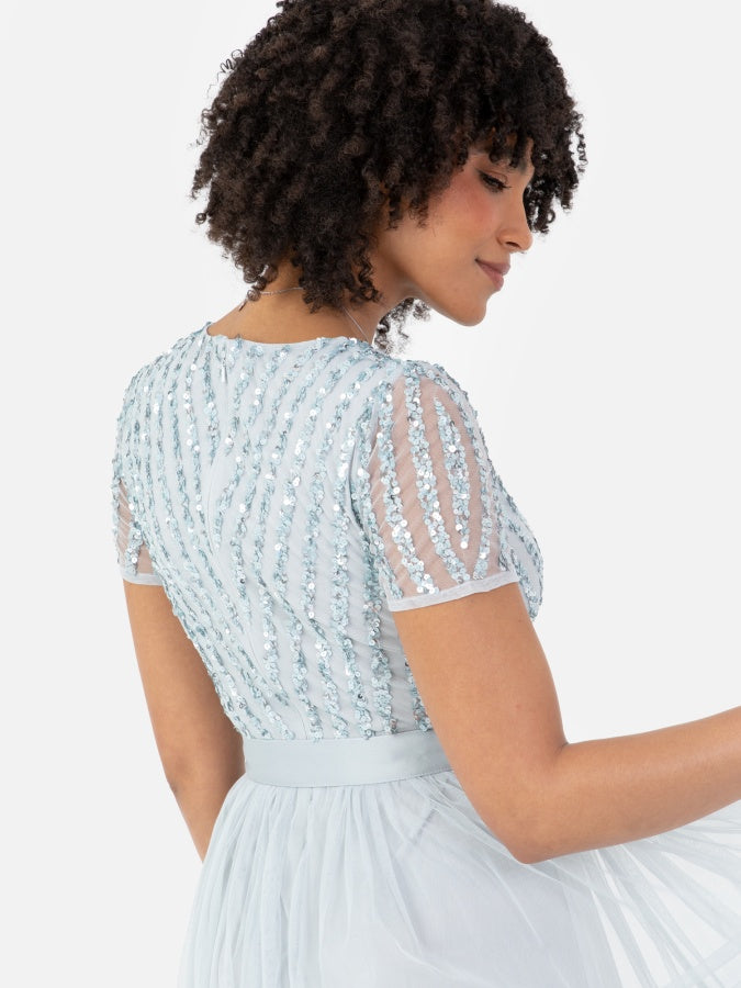 Maya Pale Blue Stripe Embellished Maxi Dress With Sash Belt