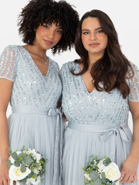 Maya Pale Blue Stripe Embellished Maxi Dress With Sash Belt