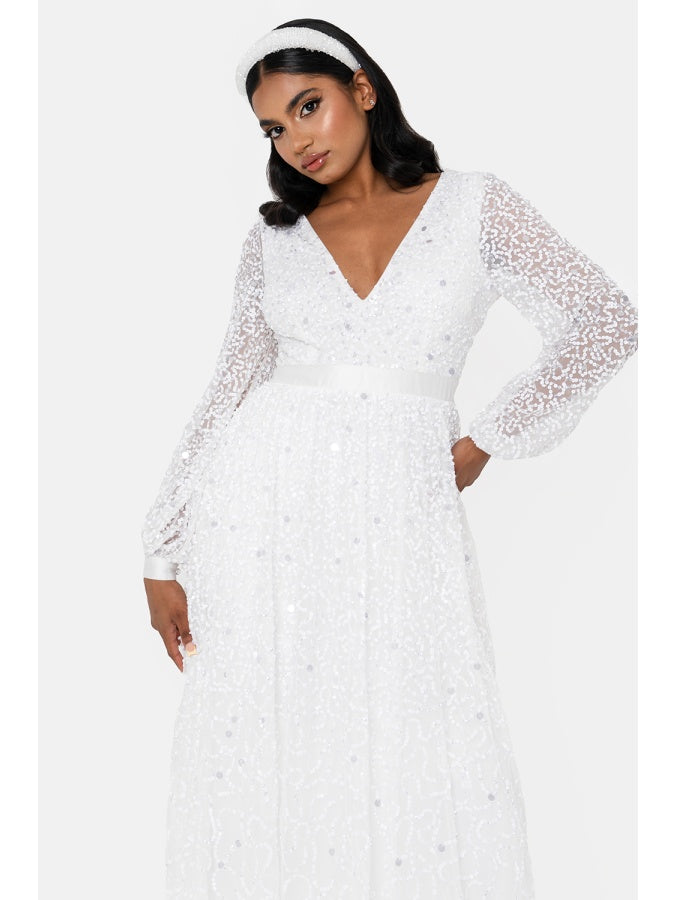 Maya Bridal Embellished Long Sleeve V Neck Maxi Dress