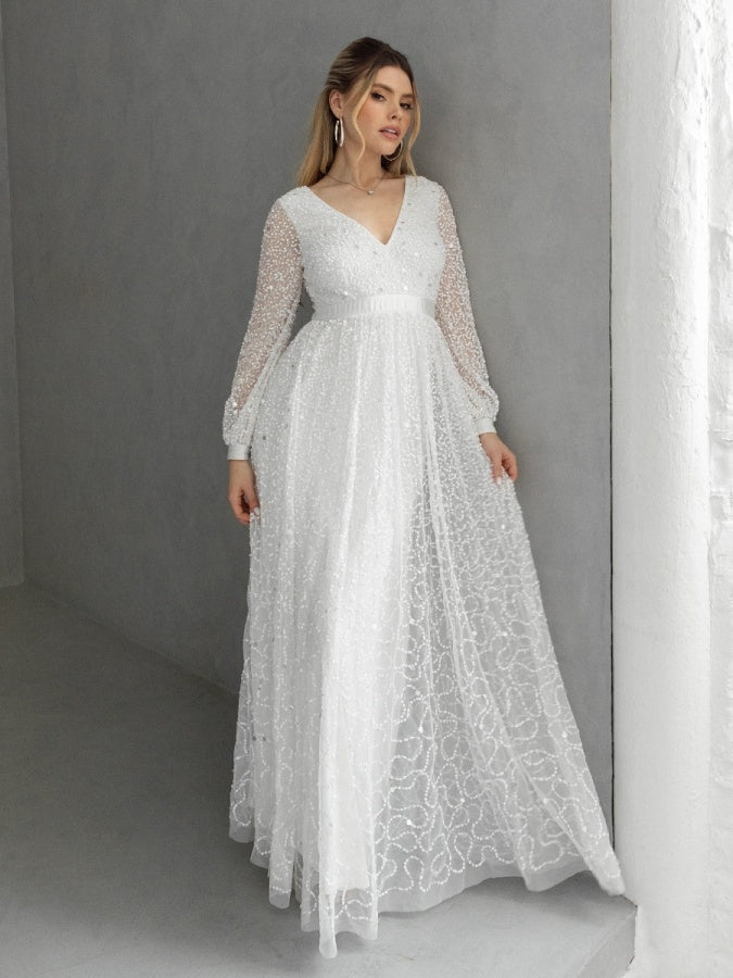 Maya Bridal Embellished Long Sleeve V Neck Maxi Dress