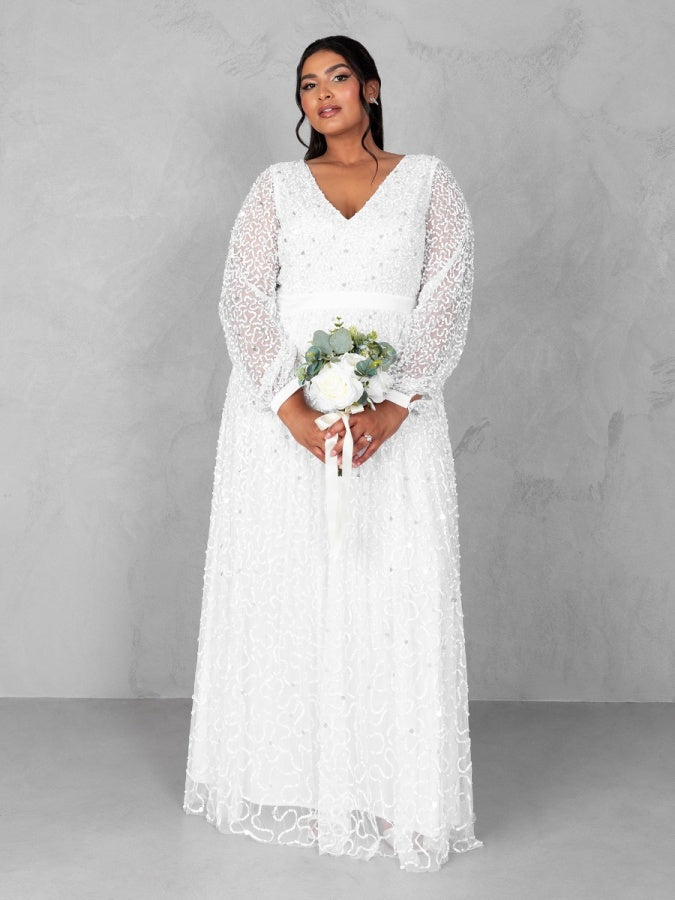 Maya Bridal Embellished Long Sleeve V Neck Maxi Dress