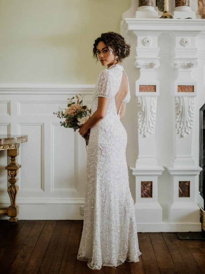 Maya Bridal Embellished High Neck Maxi Dress with Keyhole Back – Maya Deluxe